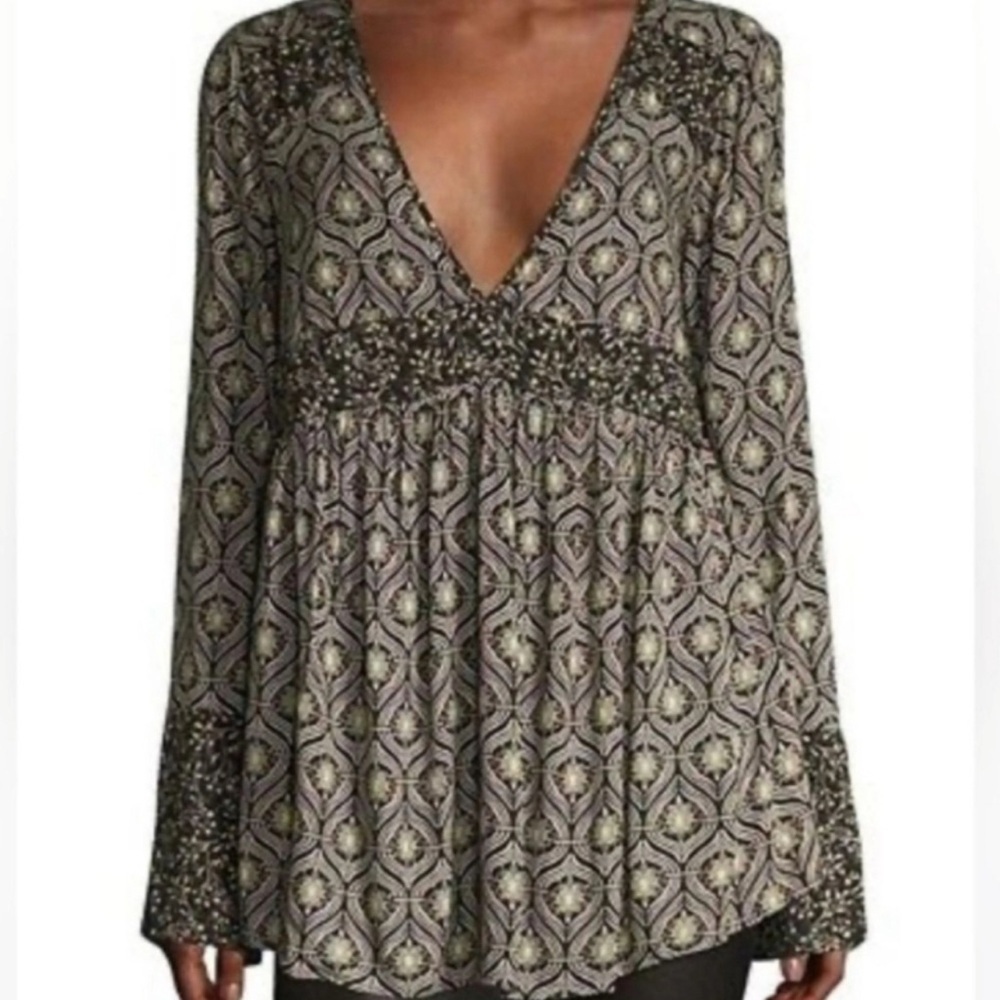 Elegant V-Neck Patterned Top by Free People Sz M